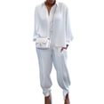 thumbnail image 4 of Fortune 2Pcs Femmes Automne Tenues Solide Revers Côtelé Manches Longues Top Pantalon, 4 of 5