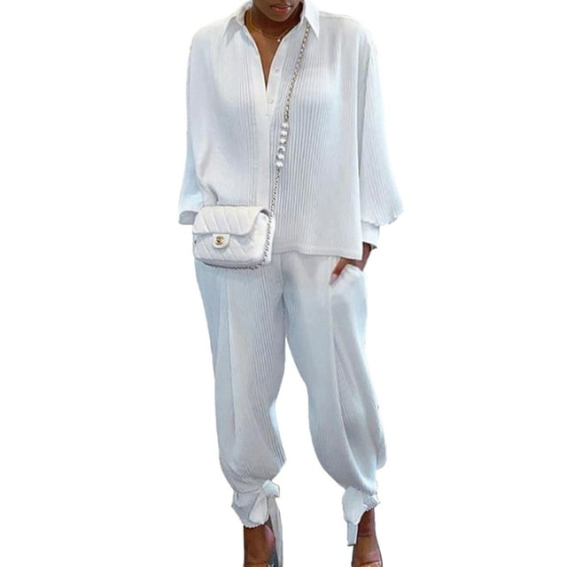 Txlixc, 2 uds., conjuntos de otoño para mujer, camisa de manga larga con solapa acanalada de Color sólido + traje de pantalón largo para mujer, negro/verde/blanco/azul Txlixc Moda