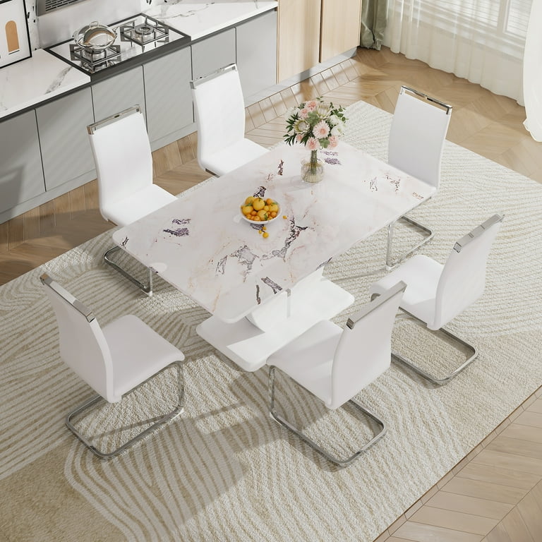 Sumdeal 7-Piece Marble Dining Set, 63inch White Table with High