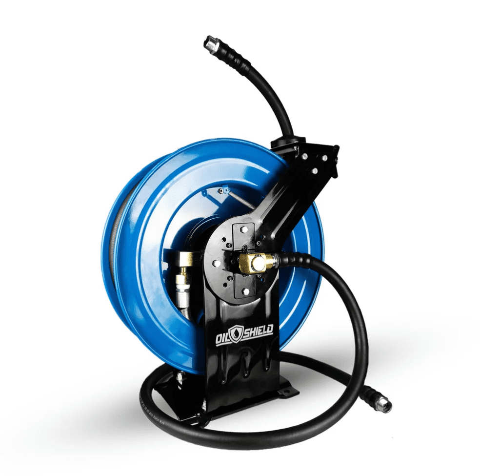 Oil Shield Farm Fuel Hose Reel 1" x 30 ft, Heavy Duty Steel Reel with Oil-Resistant Fuel Hose, 150 PSI, Kink Resistant, Static Wire, Wall or Vehicle Mount