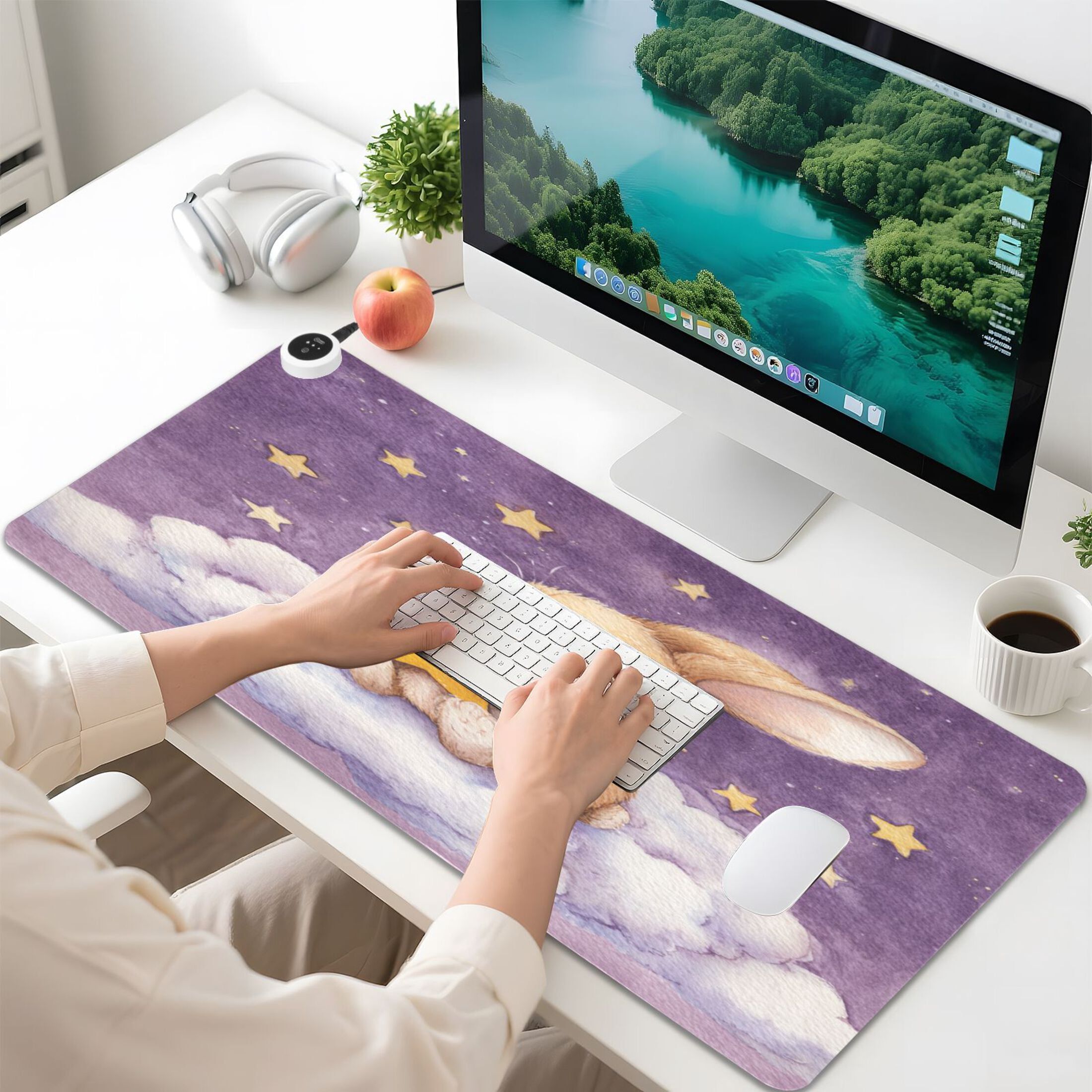 Large Heated Desk Mat Mouse Pad 31.5"x13"PU Leather Graphene Heating Desk Warmer with 3 Temperature Settings 110V US Plug Non-Slip Warm Pad for Home, Office, and Gaming Golden Rabbit with Star