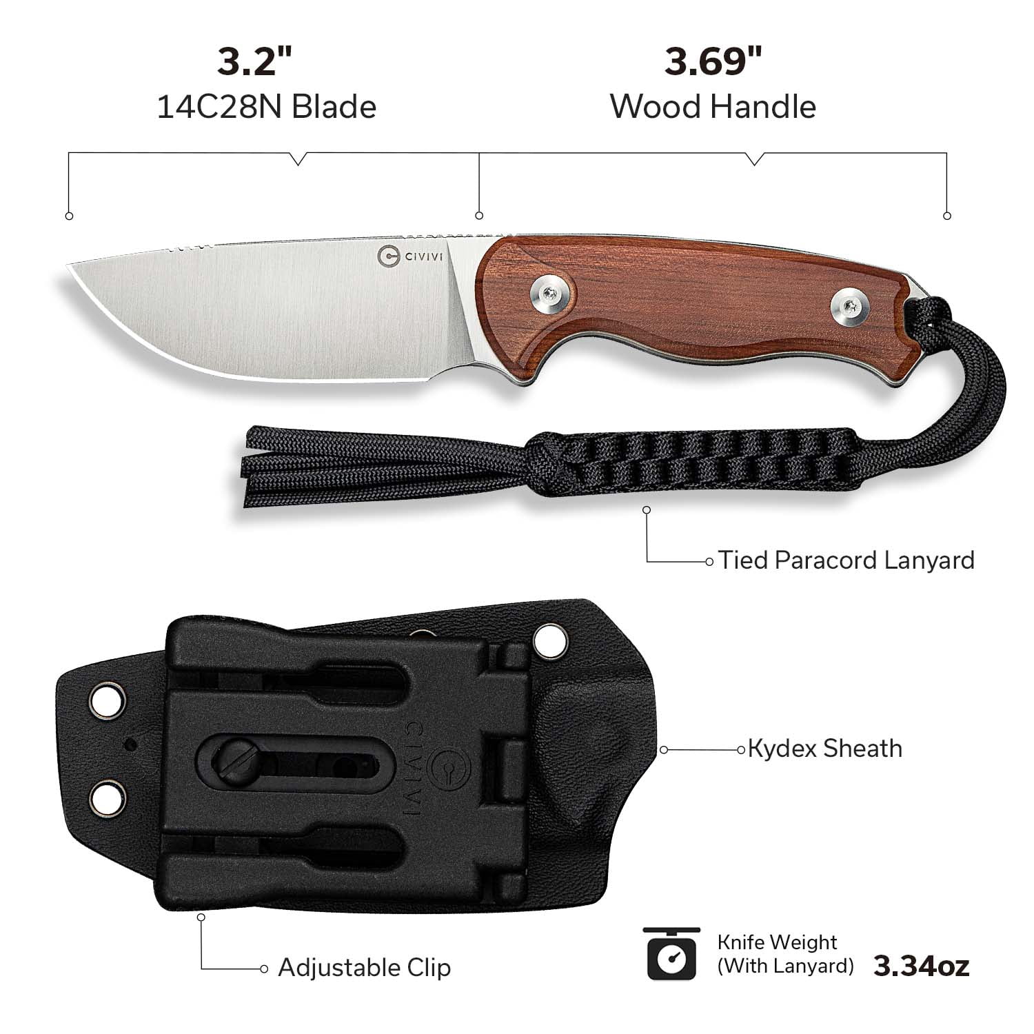 CIVIVI Timberbark Fixed Blade Knife with Kydex Sheath & Clip, 3.2" 14C28N Blade Wood Handle with Lanyard, Ideal EDC Hunting Knife for Outdoor Adventures Camping Hiking C23094-4