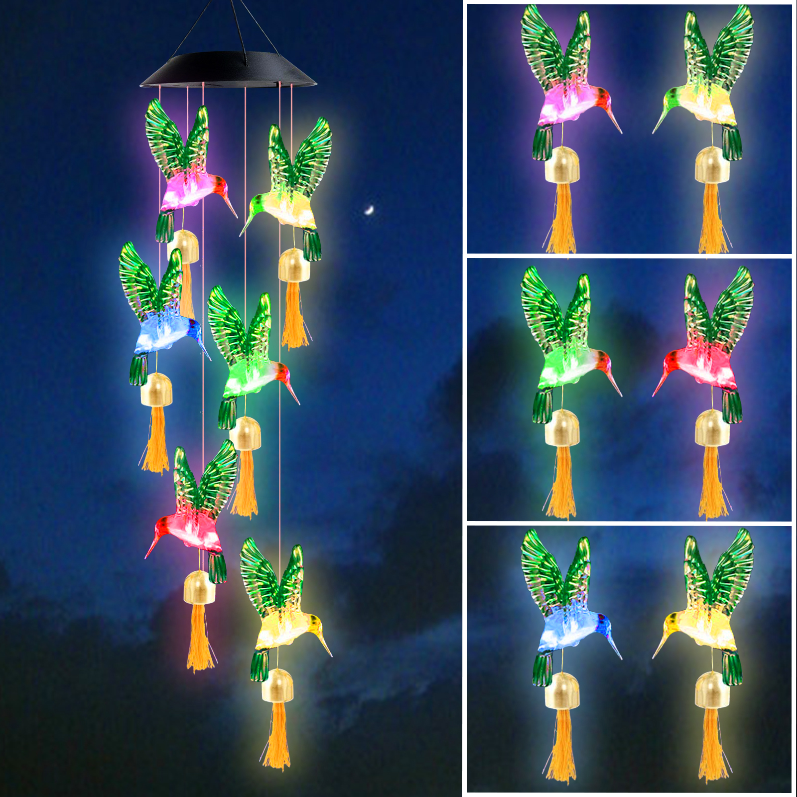 Solar Bell Wind Chime, Outdoor Colorful Hummingbird Wind Chime
