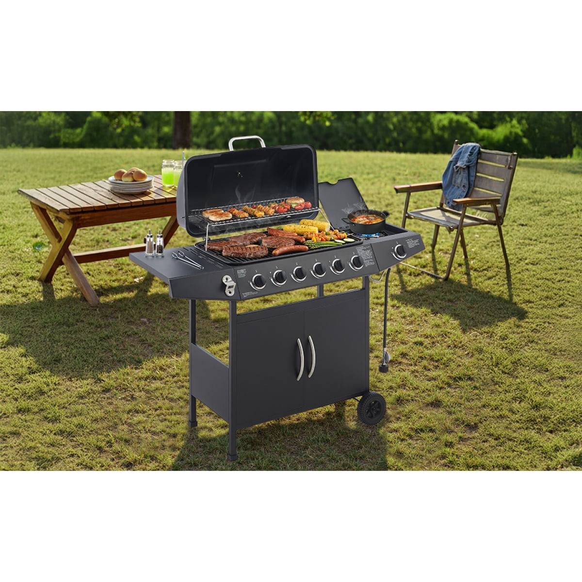 6 Burner BBQ Propane Gas Grill with Side Burner 59000 BTU Output Stainless Steel Barbecue Grill with Enamel Coated Grates and Side Tables for Outdoor Cooking Kitchen and Patio Backyard