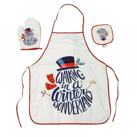 

3pcs Christmas Apron Gloves Heat Insulation Pads Set Merry Xmas Festival Party Kitchen Cooking Tools