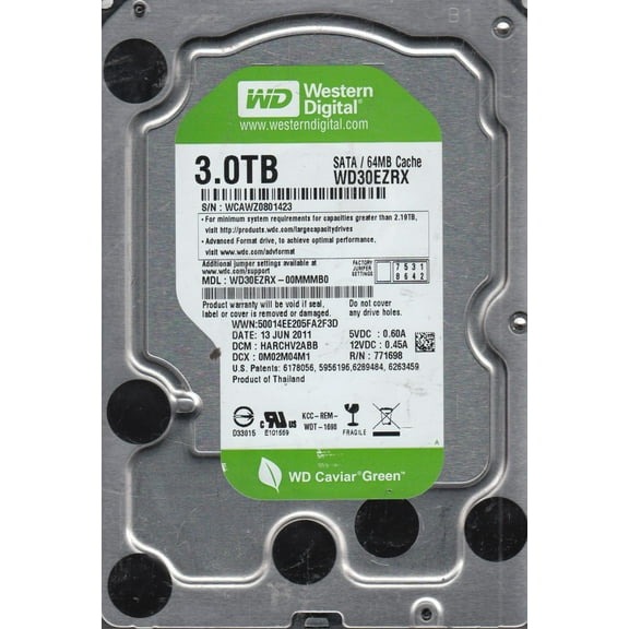 WD30EZRX-00MMMB0, DCM HARCHV2ABB, Western Digital 3TB SATA 3.5 Hard Drive