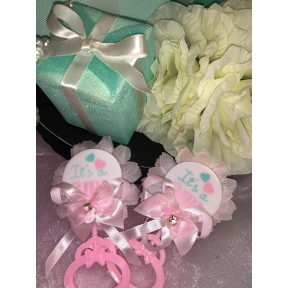 Charmed Pink Plastic It's a Girl Pin Back Baby Shower Rattle Favors, 12 Pieces