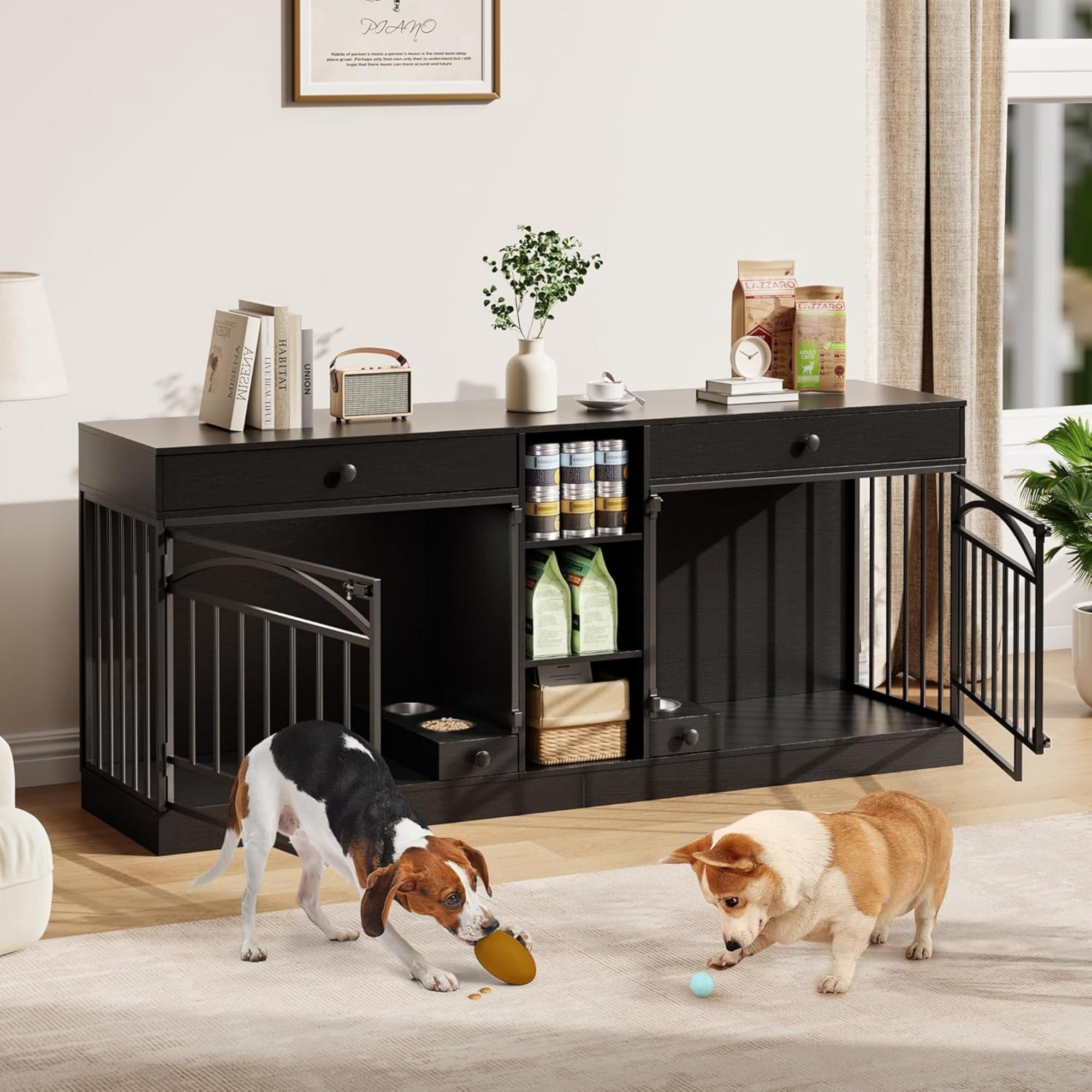 Accreate Dog Crate Furniture for 2 Dog, 78.7'' Large Dog Kennel Indoor with 2 Storage Drawers, 3 Shelves and Feeding Bowls, Double Dog Crate TV Stand for Small and Medium Dogs