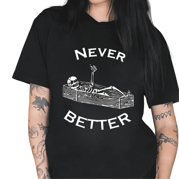 Cozymy Women's Never Better Skeleton Coffin Graphic Casual Crewneck Short Sleeve T-Shirt Comfy Everyday Tee