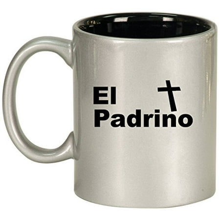 Pewter Christening Cup - Ceramic Coffee Tea Mug Cup El Padrino Christening Baptism Godfather (Silver)