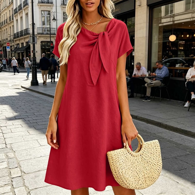 a line shift dress with sleeves Bxsruta Womens Casual A Line Dress Loose Fit Boat Neck Short Sleeve Shift Dress Knee Length, Women's, Size: XL, Red