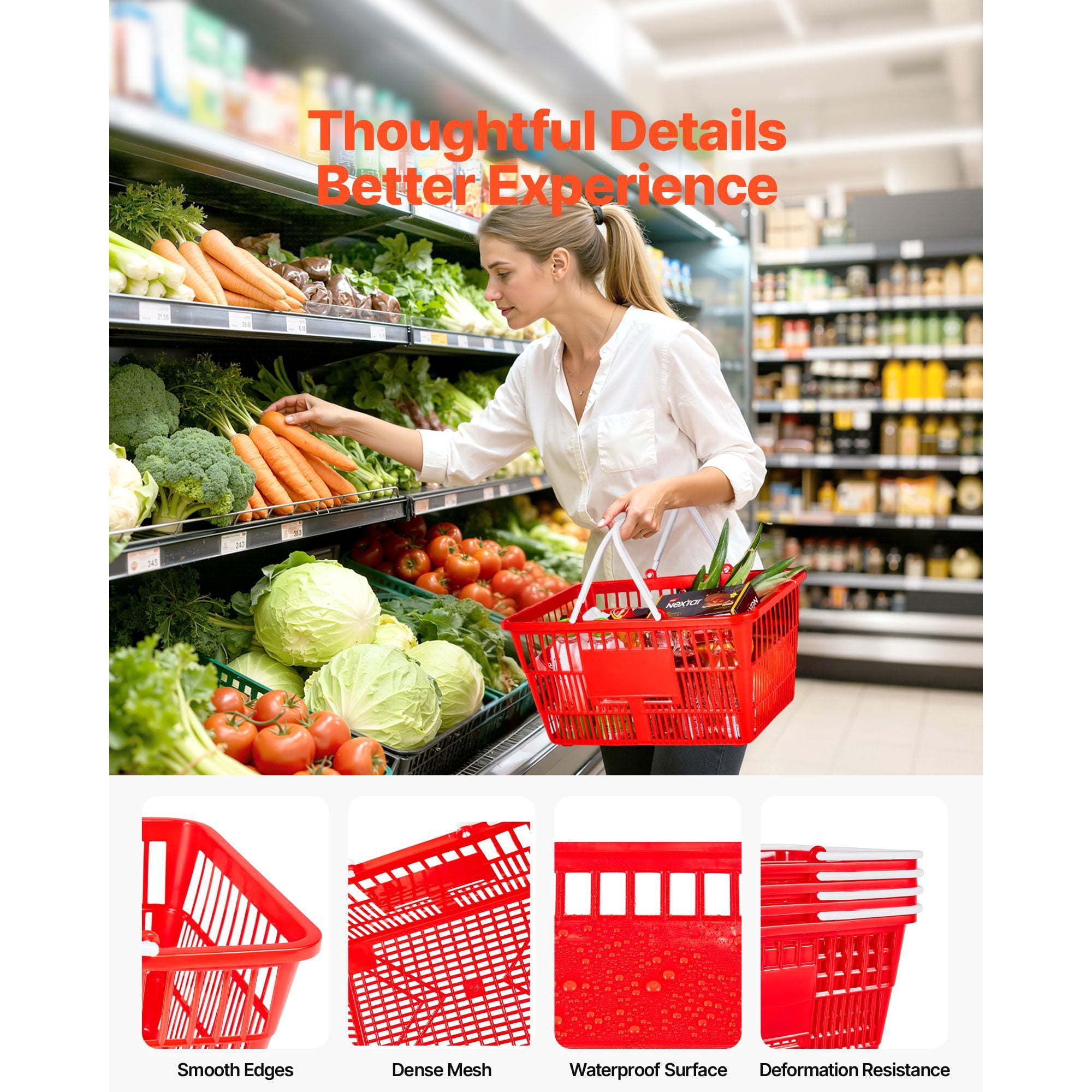 Shopping Baskets, 4 PCS, 21L Stackable PE Plastic, Ergonomic Handles, Dense Mesh Structure, Holds 20 lbs, for Grocery, Retail, Stores & Supermarket Use