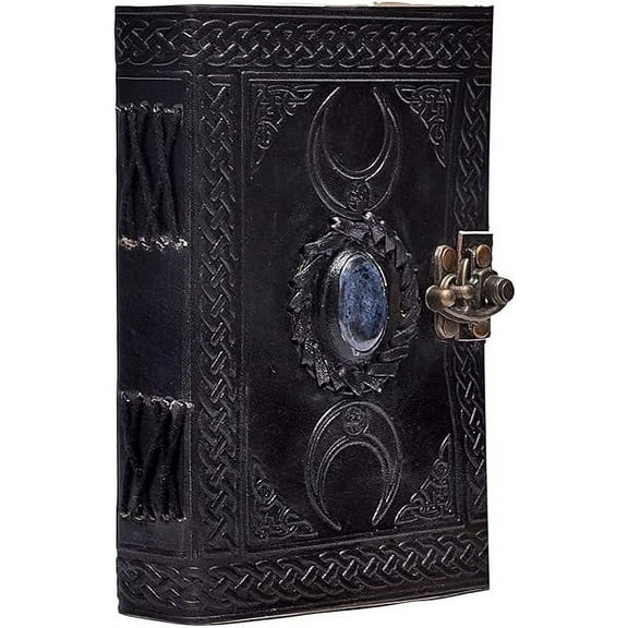 RUZIOON 3 Moon Blue Lapiz Embossed Vintage Leather Journal | 240 Pages of Antique Handmade Deckle Edge Vintage Paper, Leather Sketchbook, Drawing Journal, Great Gift (6 inch by 8 inch, black)