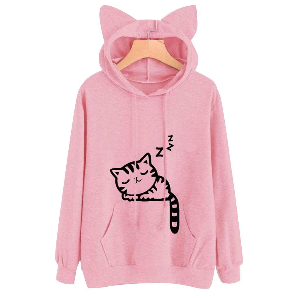Loose Fit Cartoon Cat Print Women 