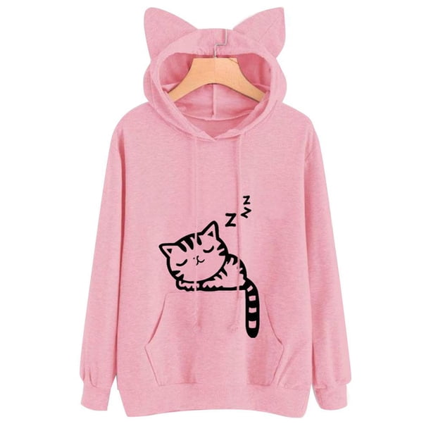 Camisa con capucha de mujer con estampado de gato de dibujos animados de ajuste holgado Sudadera con capucha de cuello redondo de manga larga Eigraketly FS9881-02