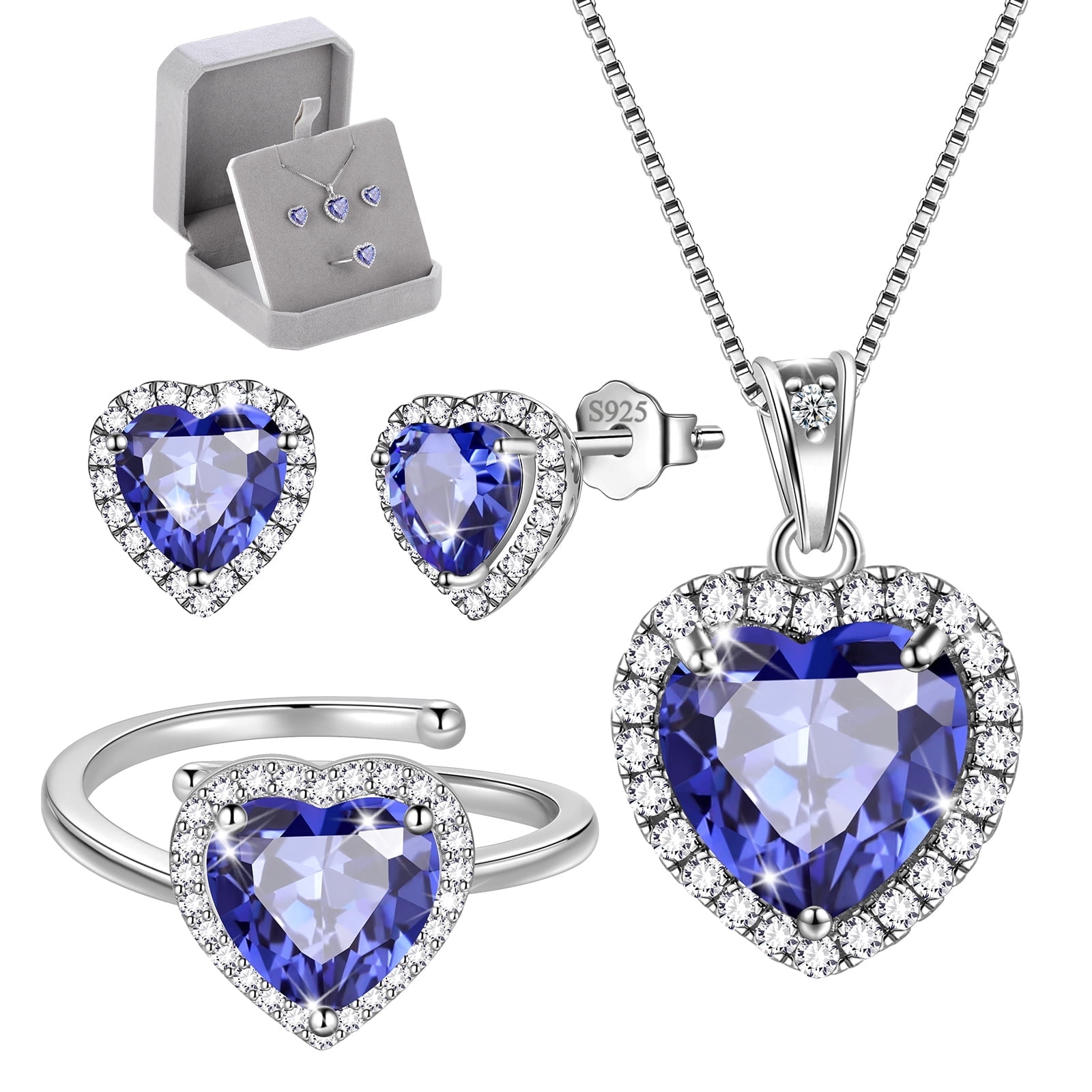 Juwaliy Heart Jewelry Sets for Women Necklace Earrings Ring Tanzanite December Birthstone Jewelry 925 Sterling Silver Christmas Valentines Birthday Mother Gifts