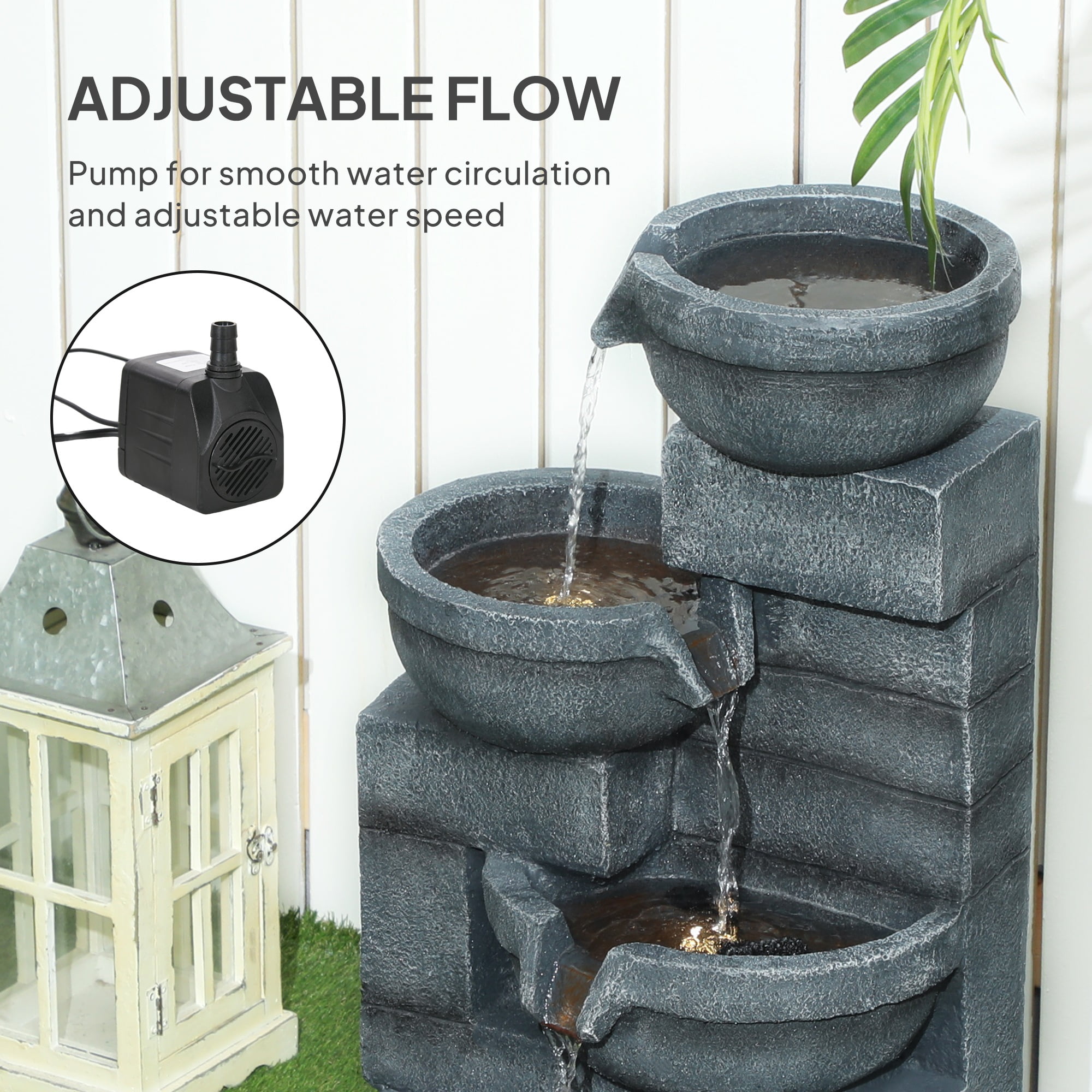Homiyad 30" Tall Outdoor Water Fountain with LED Lights, 4-Tier Resin Cascading Bowls Outdoor Fountain Waterfall Fountain with Pump, Gray