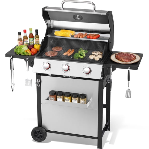 3-Burner Propane Gas Grill with Folding Side Tables, 30,000 BTU Outdoor BBQ Stainless Steel Grill with Double-Wall Insulated Lid, Easy Assembly for Patio, Backyard BBQ