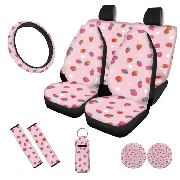 Uorisanigo Pink Strawberry 10 Pieces Automobile Seat Cover Sets with Soft Elastic Car Seat Belt Pad Cover Steering Wheel Cover Car Water Cup Coaster and Keychains Universal Fit Most Cars SUVs
