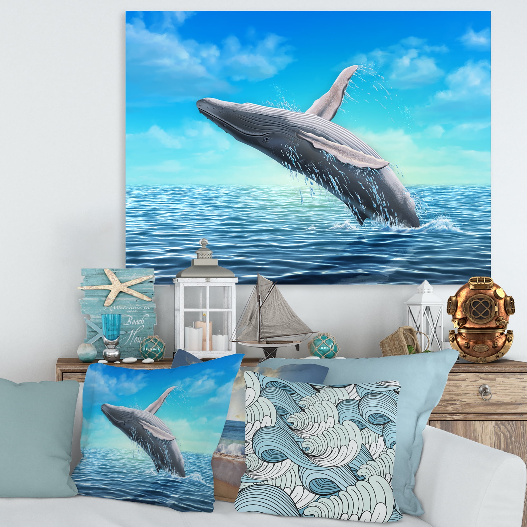 Designart ' Humpback Whale Jumping Out of Sea ' Farmhouse Canvas Wall Art Print