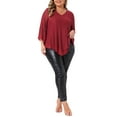 thumbnail image 2 of Agnes Orinda Women's Plus Size Tops V Neck Ruffle 3/4 Sleeve Double Layers Loose Fit Mesh Tunic Blouses 1X Burgundy, 2 of 6