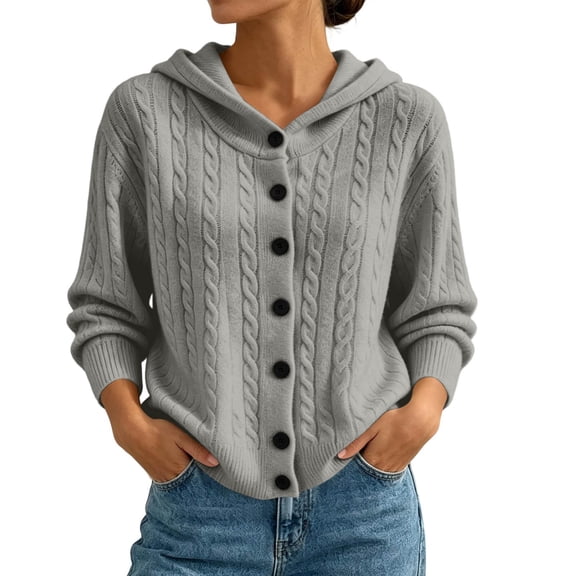 Fewfanhot Women's Sweaters Cable Knit Round Neck Button Open Front Long Sleeve Trendy Sweater Coat Clothes