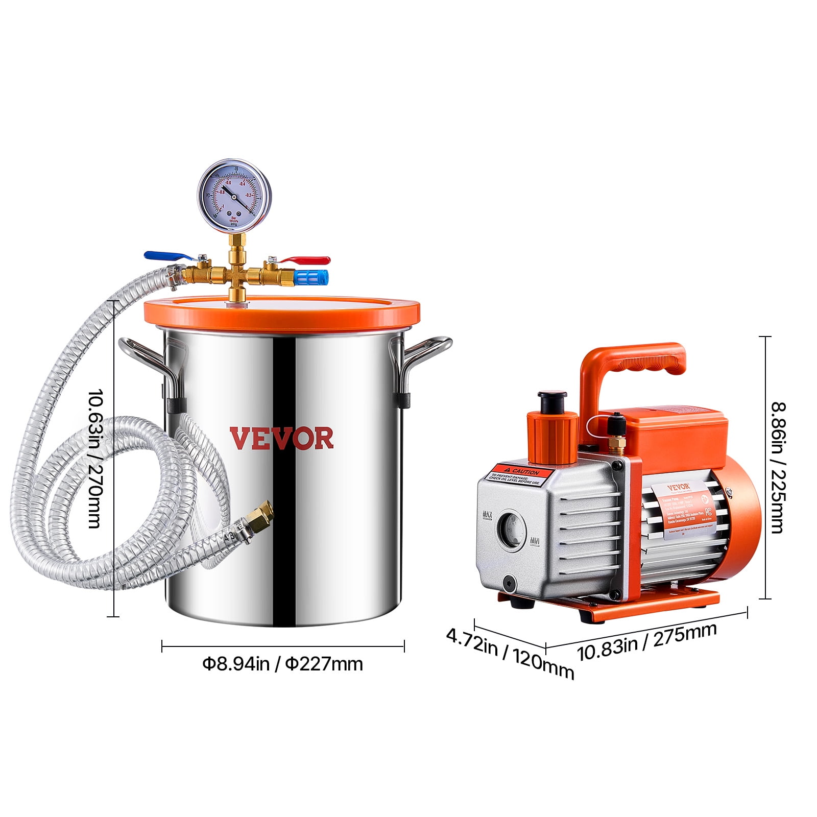 VEVOR 3 Gal Vacuum Chamber and 3.5 CFM Pump Kit, Stainless Steel Chamber, Single Stage Vacuum Pump Degassing Chamber Kit, with Acrylic Lid, Oil, 4.92 ft Hose, for Degassing Resin Silicone Epoxies