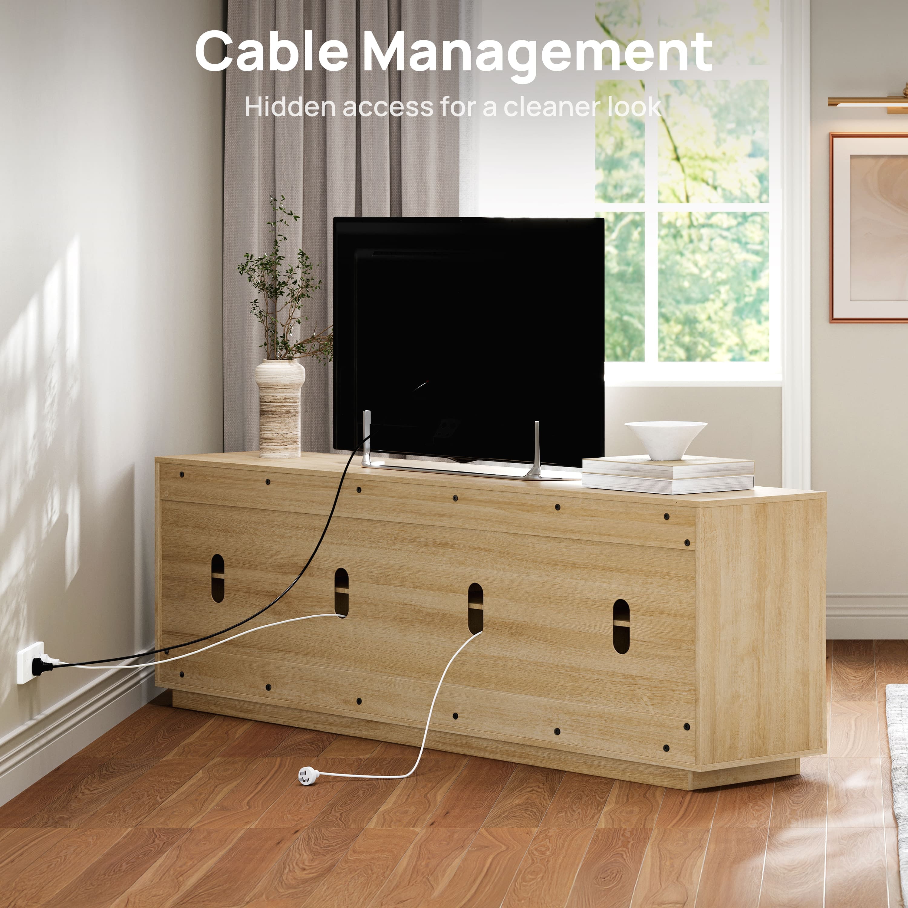 CHIC HOUSE 70" Fluted TV Stand for TVs up to 75", Mid-Century Modern Tall Media Cabinet with 4 Doors & Shelves, Wave-Inspired Wooden TV Console for Living Room, Bedroom, Oak