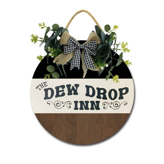 The Dew Drop Inn Front Door Sign Funny Wreaths Hanging Wooden Plaque Decoration Round Rustic Wood Farmhouse Porch Decor for Home Front Door Decor, 11 x 11 Inch