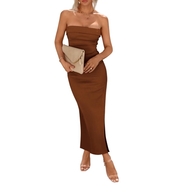 Vestido PRETTYGARDEN marrón, strapless, ajustado, maxi, talla XS