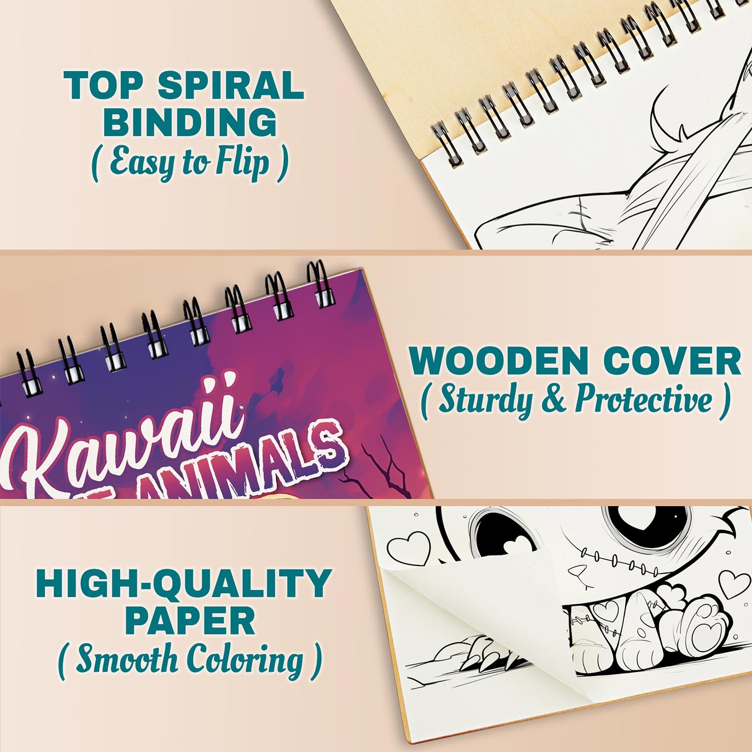 Netecom Kawaii Zombie Animals Coloring Book Spiral Bound for Adults, A5 Wooden Cover, 30 Cute Coloring Pages of Zombie Creatures for Stress Relief and Relaxation