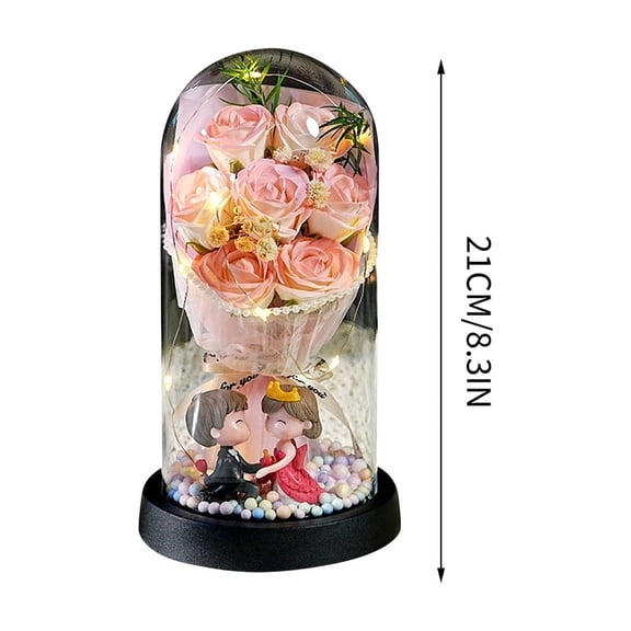 hulanddfd Preserved Flowers In Glass Dome, Light Pink Roses Valentines Gift for Women Girlfriend 8.3" Clock-shaped LED Artificial Rose Decor for Bedroom Living Room Bookshelf Table