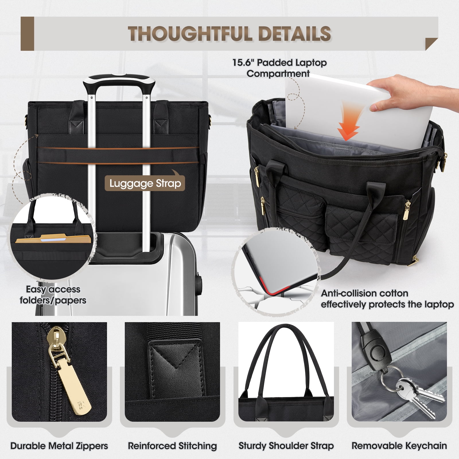RAINSMORE Teacher Tote Bag with Insulated Lunch Compartment 15.6 inch Laptop Bag for Women Lightweight Work Bags Nurse Bags
