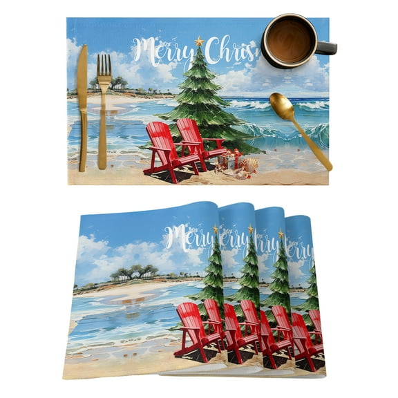 Coastal Christmas Placemats Set of 6, Xmas Tree Nautical Beach Shell Placemats for Dining Table, Place Mats for Kitchen Tabletop, Waterproof Wipeable Dining Table Mats Set