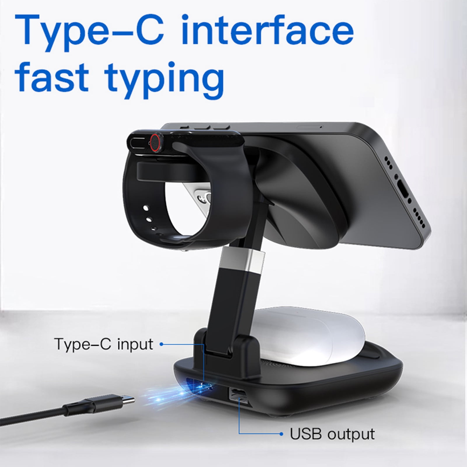 HOZVOMI Foldable Wireless Charging Station - 3-in-1 15W Magnetic Charger for Phone, Watch, Earbuds - Black