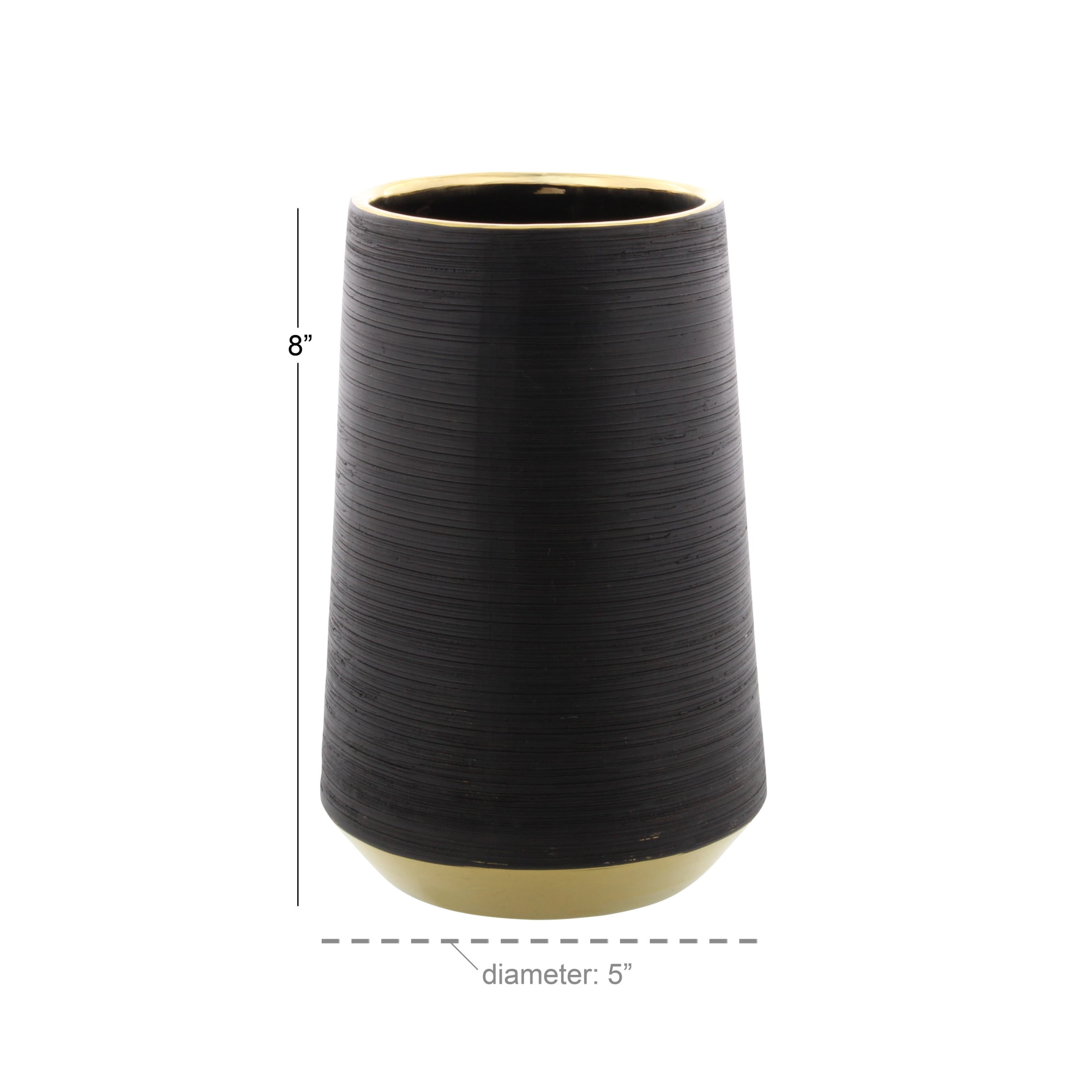 CosmoLiving by Cosmopolitan 8" Ribbed Black Porcelain Ceramic Vase with Gold accents