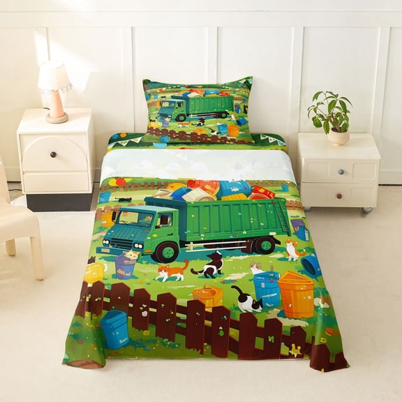 Castle Fairy Cartoon Garbage Truck Twin Sheet Sets 3pcs for Teens, Playful Cat Party Bedding for Bedroom, Green Blue Orange