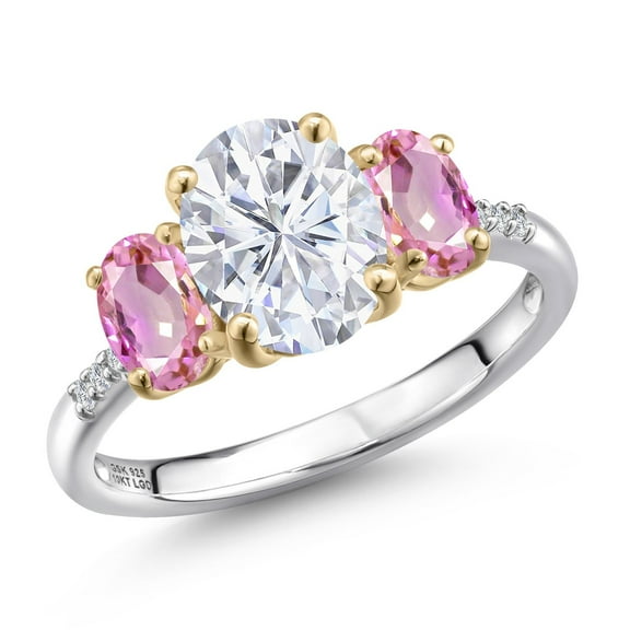 Gem Stone King 925 Silver and 10K Yellow Gold White Moissanite and Pink Sapphire and Lab Grown Diamond Engagement Ring for Women | 3.36 Cttw | Oval 9X7MM | Birthstone | Size 8
