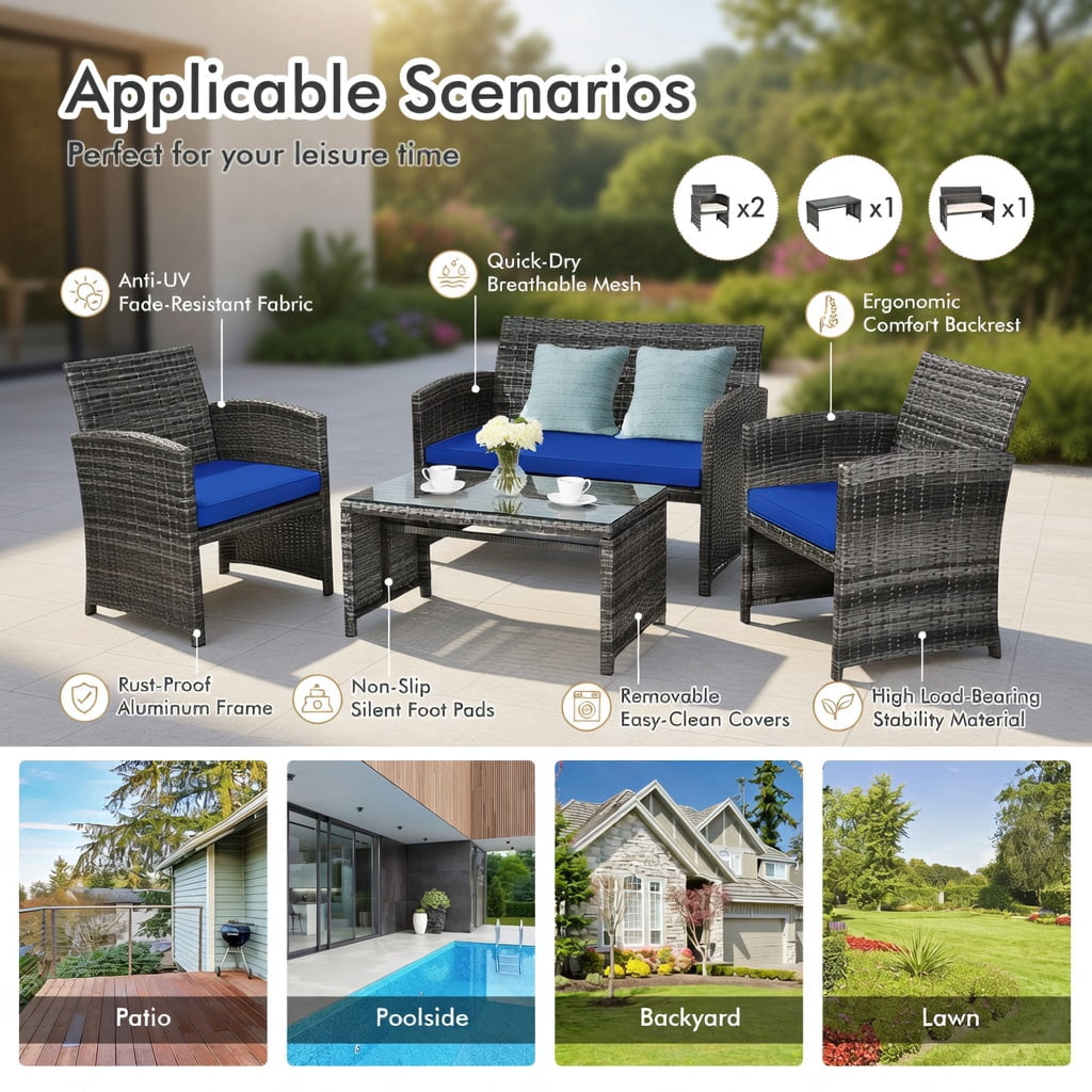 Hommoo 2-Piece Outdoor Patio Loveseat & Coffee Table Set with Cushions, Steel Frame, Weather-Resistant, Turquoise