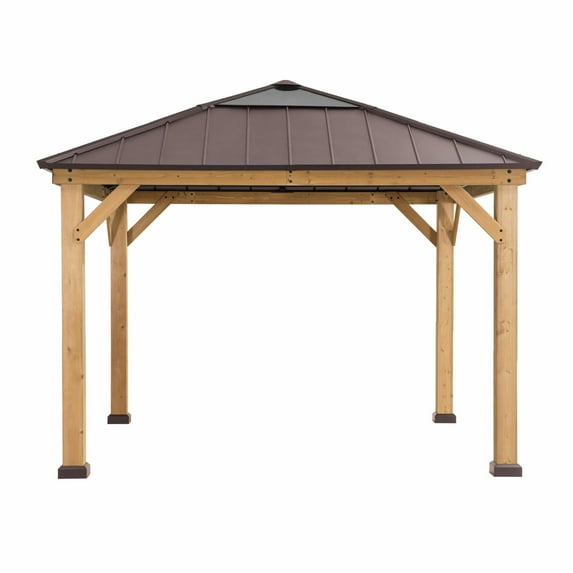 Sunjoy Cedar Framed Gazebo with Steel and Polycarbonate Hip Roof Hardtop - 11 x 11 ft. - Brown