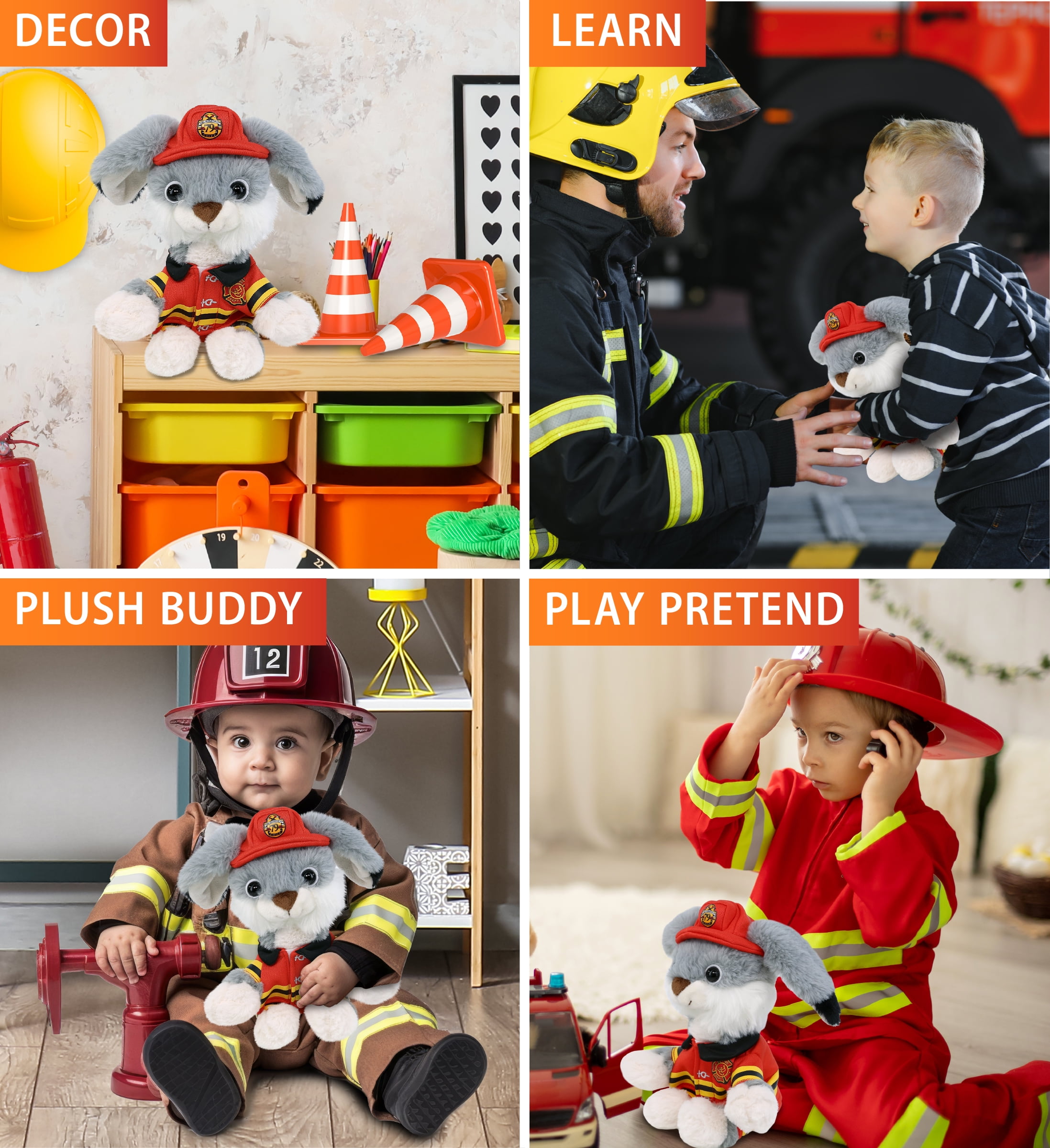DolliBu Grey Rabbit Firefighter Stuffed Animal - Super Soft Rabbit Fireman Toy with Red Fireman Costume Outfit and Fireman Hat, Farm Life Stuffed Animal Fire Fighter Doll Plush Toy for Kids - 7 Inch