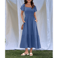 thumbnail image 6 of Women Summer Casual Square Neck Flutter Sleeve Boho Smocked A-Line Flowy Tiered Modest Midi Sun Dress with Pockets Navy Blue XL, 6 of 7