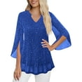 thumbnail image 6 of WULMLEO Sparkle Tops for Women 3/4 Sleeve V Neck Sparkly Top Glitter Bling Sequin Cocktail Disco Going Out Blouses Outfits Blue S, 6 of 8