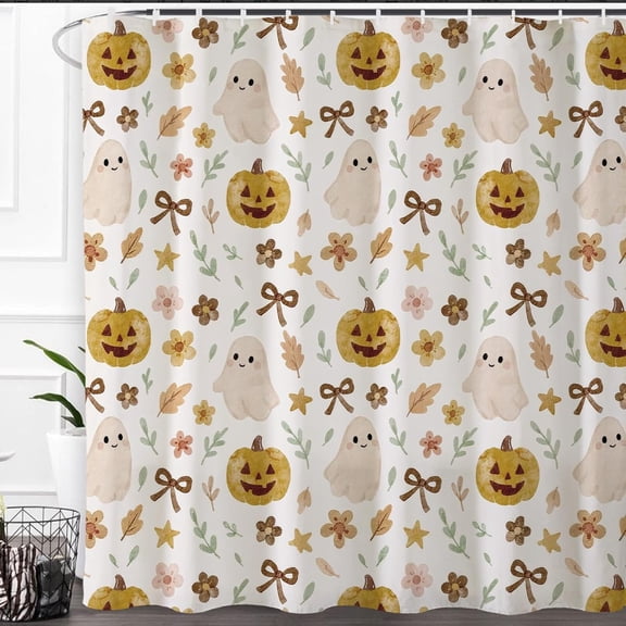 Cute Ghost Pumpkin Halloween Shower Curtain with Bows and Fall Leaves Waterproof Fabric Bathroom Decor 71x71 inches