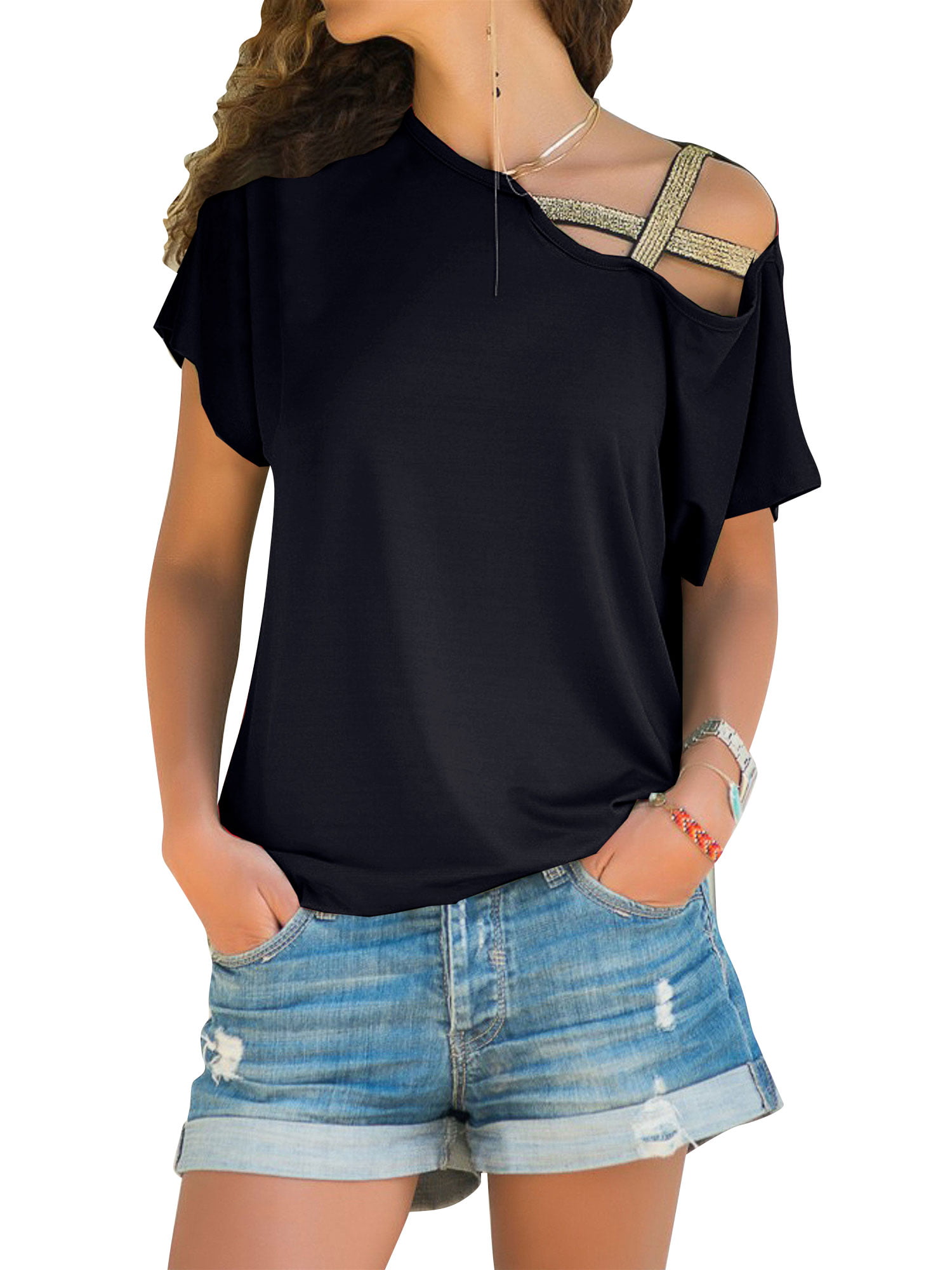 STARVNC - Women Oblique Shoulder Short Sleeve Splice Tops - Walmart.com ...