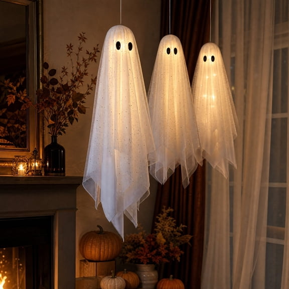 3 Pack Remote Control LED Light Up White Ghost Hanging Decorations, Halloween Ornaments for Indoor Outdoor Porch, Yard, Tree and Spooky Party