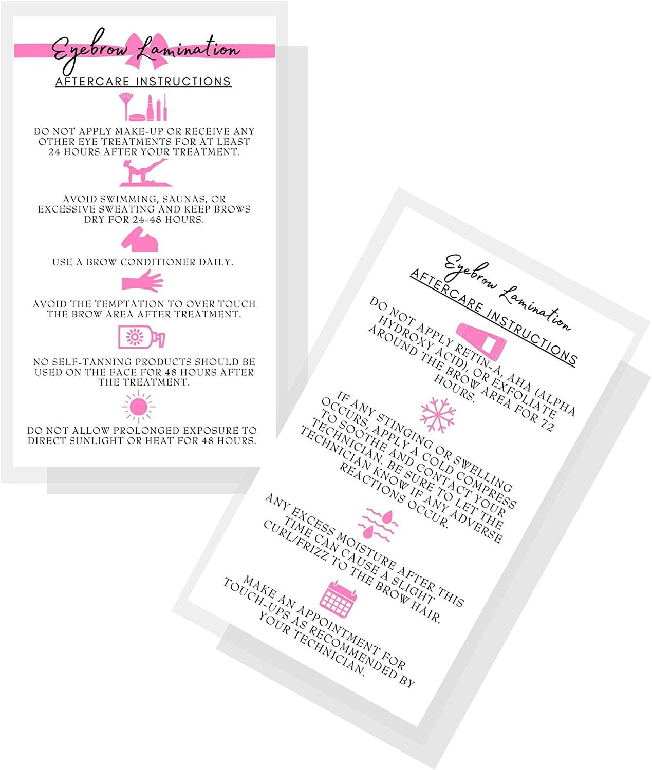 Brow Lamination Aftercare Instruction Cards 50 Pack 2x3.5 inches