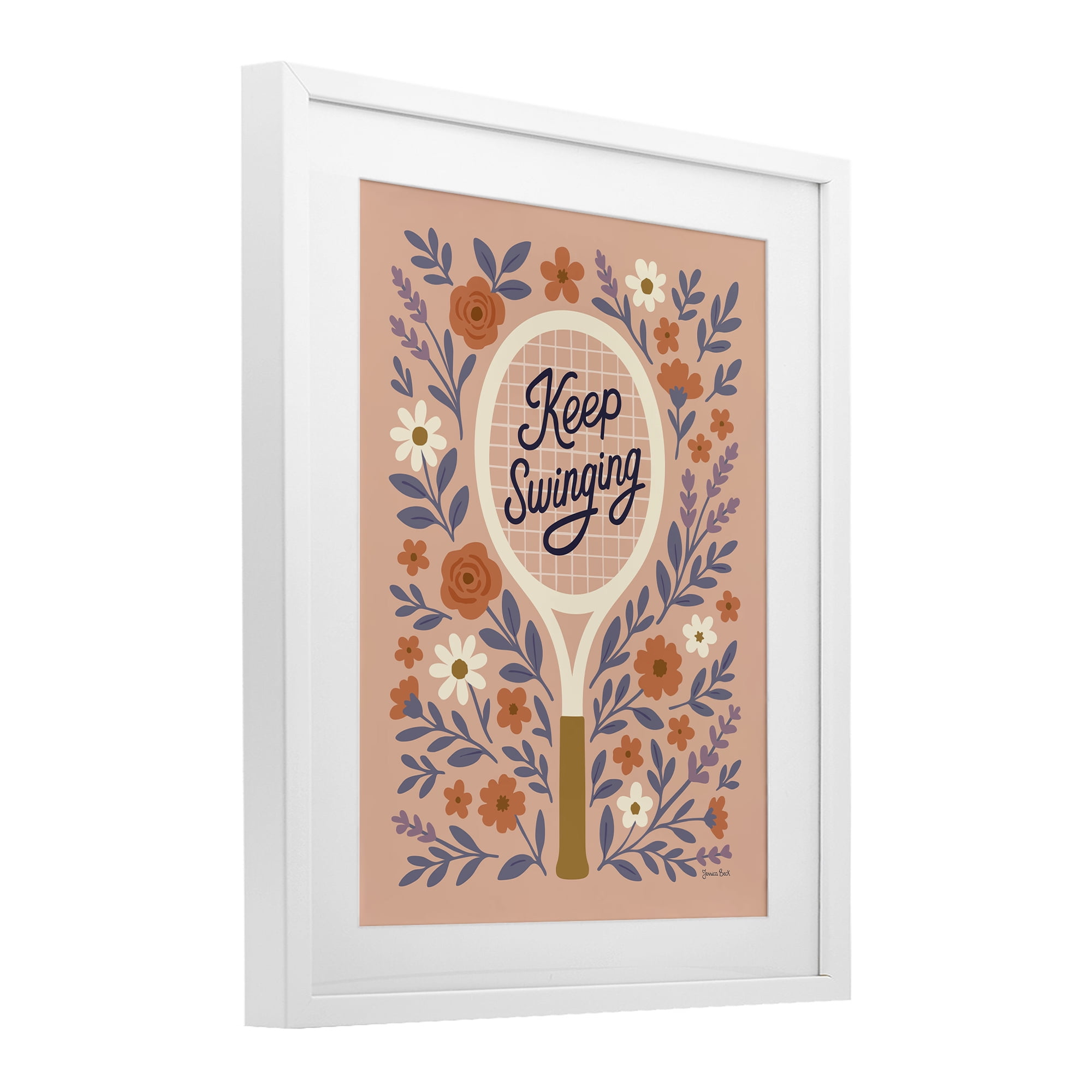 Stupell Industries Keep Swinging Floral Tennis White Framed Print Under Glass, design by Jessica Beck
