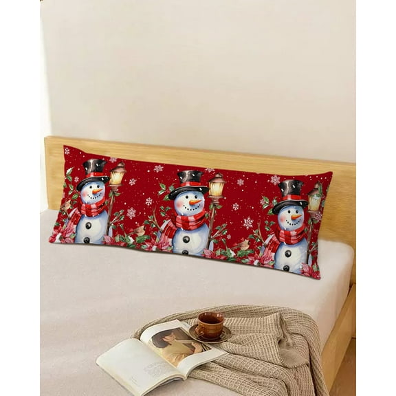 Christmas Snowman Throw Pillow Cover, Winter Poinsettia Snowflake Red Rectangle Decorative Pillow Case Protector Soft Cushion Cover Lumbar Pillowcase for Couch Sofa Bedroom Car Chair Decor 20x54 Inch