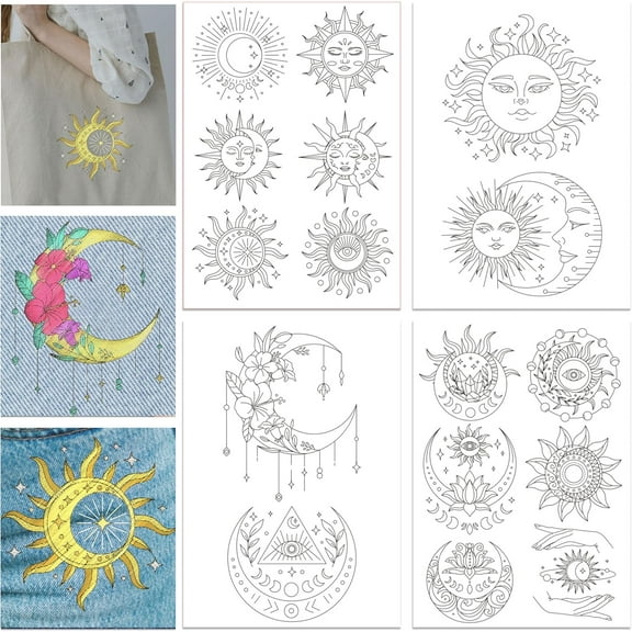 4 Sheets Sun and Moon Pattern Water Soluble Hand Sewing Stabilizers for Fabric Embroidery Stitch Practice Embroidery Stickers Wash Away Stabilizers for Embroidery Beginners Lovers for DIY